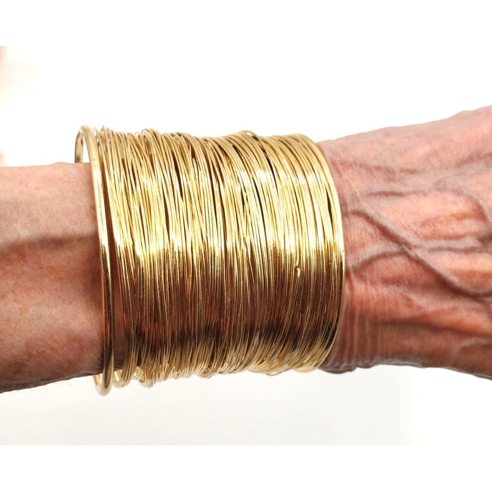 Wide Gold Tone Wire Wrap Cuff Bracelet Layered Multi Wire Statement Open Cuff